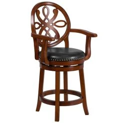 Discount 😍 Flash Furniture TA-550226-BDY-GG Brandy Wood Counter Height Designer Back Stool With Black Leather Swivel Seat 🥰