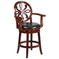 Hot Sale 🎁 Flash Furniture TA-550226-CHY-GG Cherry Wood Counter Height Designer Back Stool With Black Leather Swivel Seat ✨