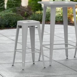 Best Pirce 🎁 LT&S Alloy Series Lancaster Table & Seating Alloy Series Silver Stackable Metal Indoor / Outdoor Industrial Barstool With Drain Hole Seat ⭐