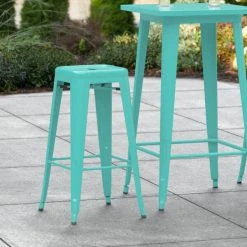 Coupon ⭐ LT&S Alloy Series Lancaster Table & Seating Alloy Series Seafoam Stackable Metal Indoor / Outdoor Industrial Barstool With Drain Hole Seat 🤩