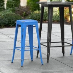Promo 🎉 LT&S Alloy Series Lancaster Table & Seating Alloy Series Distressed Blue Stackable Metal Indoor / Outdoor Industrial Barstool With Drain Hole Seat 🤩