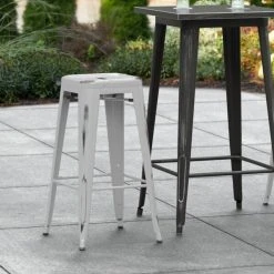 Best reviews of ❤️ LT&S Alloy Series Lancaster Table & Seating Alloy Series Distressed Silver Stackable Metal Indoor / Outdoor Industrial Barstool With Drain Hole Seat 🎉