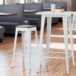Brand new 🧨 LT&S Alloy Series Lancaster Table & Seating Alloy Series White Metal Indoor Industrial Cafe Bar Height Stool With Black Wood Seat ❤️