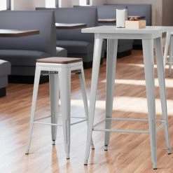 Deals 💯 LT&S Alloy Series Lancaster Table & Seating Alloy Series Silver Metal Indoor Industrial Cafe Bar Height Stool With Walnut Wood Seat 🔥