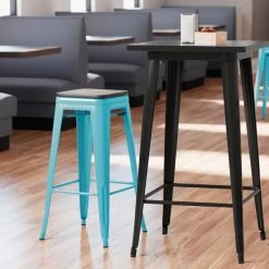 Budget 🤩 LT&S Alloy Series Lancaster Table & Seating Alloy Series Arctic Blue Metal Indoor Industrial Cafe Bar Height Stool With Black Wood Seat ✨