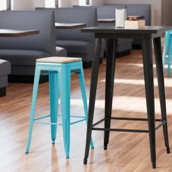 Best Sale 😀 LT&S Alloy Series Lancaster Table & Seating Alloy Series Arctic Blue Metal Indoor Industrial Cafe Bar Height Stool With Natural Wood Seat 👏