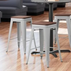 Best Pirce 🛒 LT&S Alloy Series Lancaster Table & Seating Alloy Series Silver Metal Indoor Industrial Cafe Counter Height Stool With Walnut Wood Seat ✔️
