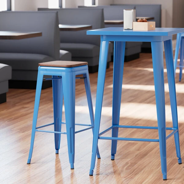 Coupon ⌛ LT&S Alloy Series Lancaster Table & Seating Alloy Series Blue Metal Indoor Industrial Cafe Bar Height Stool With Walnut Wood Seat 👍