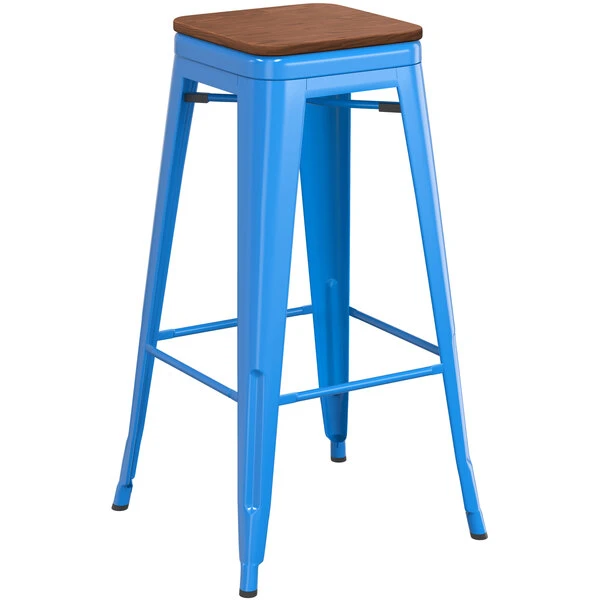 Coupon ⌛ LT&S Alloy Series Lancaster Table & Seating Alloy Series Blue Metal Indoor Industrial Cafe Bar Height Stool With Walnut Wood Seat 👍 - Image 2