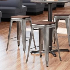 Cheap 👏 LT&S Alloy Series Lancaster Table & Seating Alloy Series Clear 🧥 Coated Metal Indoor Industrial Cafe Counter Height Stool With Walnut Wood Seat ⌛