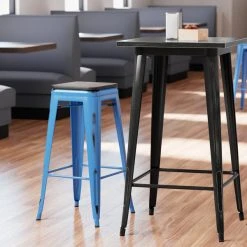 Best Sale 😍 LT&S Alloy Series Lancaster Table & Seating Alloy Series Distressed Blue Stackable Metal Indoor Industrial Barstool With Black Wood Seat ✨