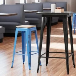 Outlet ๐ฅ LT&S Alloy Series Lancaster Table & Seating Alloy Series Distressed Blue Stackable Metal Indoor Industrial Barstool With Natural Wood Seat ๐