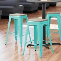 Budget 🥰 LT&S Alloy Series Lancaster Table & Seating Alloy Series Seafoam Metal Indoor Industrial Cafe Counter Height Stool With Gray Wood Seat ⭐