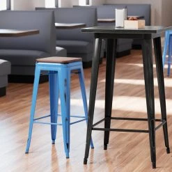 Buy ✨ LT&S Alloy Series Lancaster Table & Seating Alloy Series Distressed Blue Stackable Metal Indoor Industrial Barstool With Walnut Wood Seat 👍