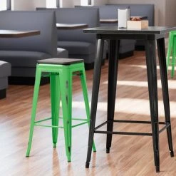 Budget ⌛ LT&S Alloy Series Lancaster Table & Seating Alloy Series Distressed Green Stackable Metal Indoor Industrial Barstool With Black Wood Seat 😉