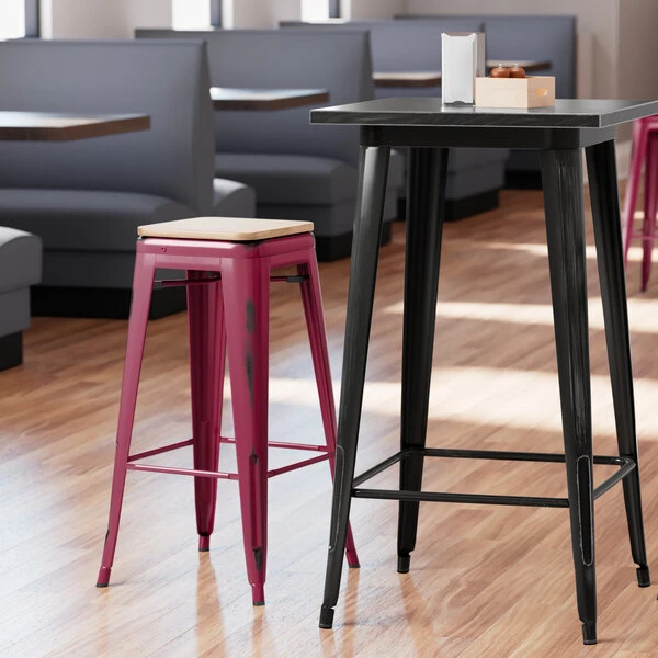 Best deal 🛒 LT&S Alloy Series Lancaster Table & Seating Alloy Series Distressed Sangria Stackable Metal Indoor Industrial Barstool With Natural Wood Seat 👍