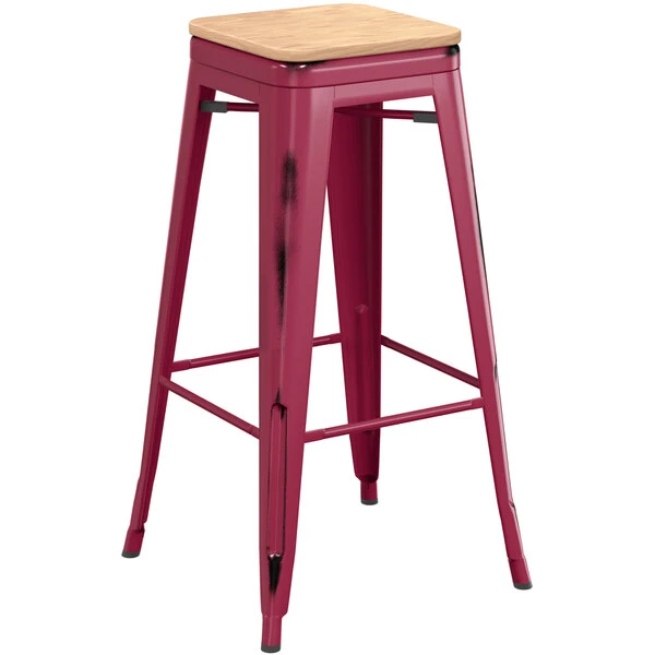 Best deal 🛒 LT&S Alloy Series Lancaster Table & Seating Alloy Series Distressed Sangria Stackable Metal Indoor Industrial Barstool With Natural Wood Seat 👍 - Image 2