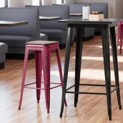 Best deal ❤️ LT&S Alloy Series Lancaster Table & Seating Alloy Series Distressed Sangria Stackable Metal Indoor Industrial Barstool With Walnut Wood Seat 🎁