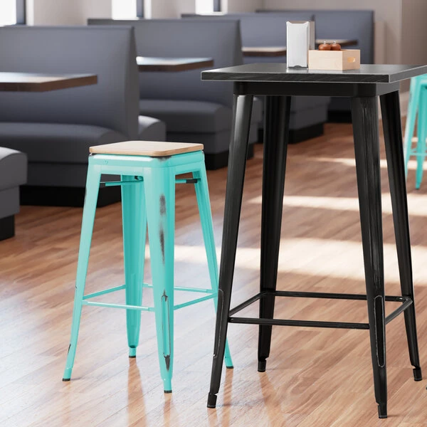 Best Sale ✨ LT&S Alloy Series Lancaster Table & Seating Alloy Series Distressed Seafoam Stackable Metal Indoor Industrial Barstool With Natural Wood Seat 🔥