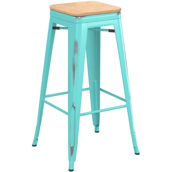 Best Sale ✨ LT&S Alloy Series Lancaster Table & Seating Alloy Series Distressed Seafoam Stackable Metal Indoor Industrial Barstool With Natural Wood Seat 🔥 - Image 2
