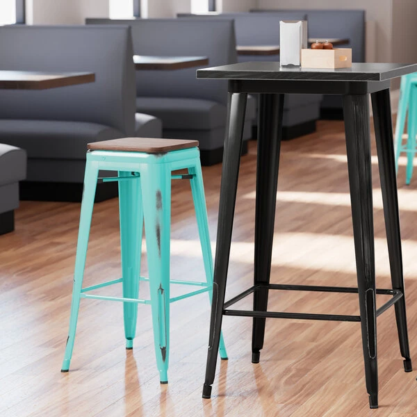 Cheapest ✨ LT&S Alloy Series Lancaster Table & Seating Alloy Series Distressed Seafoam Stackable Metal Indoor Industrial Barstool With Walnut Wood Seat 🔥
