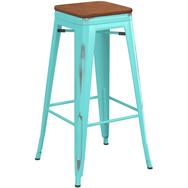Cheapest ✨ LT&S Alloy Series Lancaster Table & Seating Alloy Series Distressed Seafoam Stackable Metal Indoor Industrial Barstool With Walnut Wood Seat 🔥 - Image 2