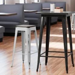 Best deal 👍 LT&S Alloy Series Lancaster Table & Seating Alloy Series Distressed Silver Stackable Metal Indoor Industrial Barstool With Black Wood Seat 🛒