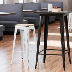 Deals 😀 LT&S Alloy Series Lancaster Table & Seating Alloy Series Distressed White Stackable Metal Indoor Industrial Barstool With Natural Wood Seat 👏