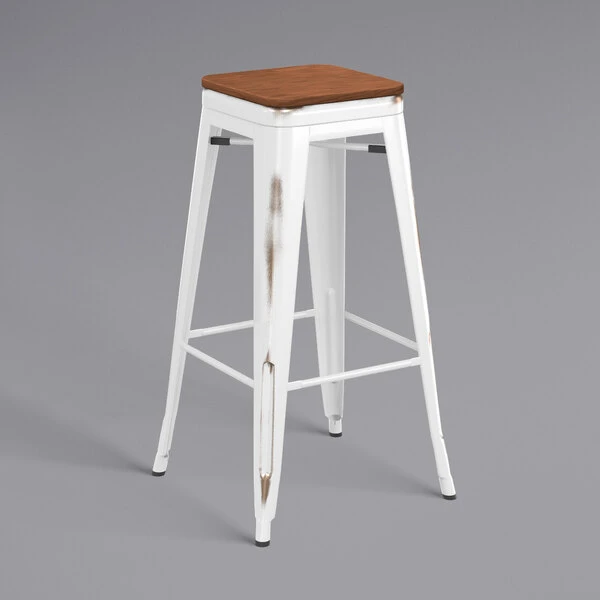 Brand new 👍 LT&S Alloy Series Lancaster Table & Seating Alloy Series Distressed White Stackable Metal Indoor Industrial Barstool With Walnut Wood Seat ✔️ - Image 2
