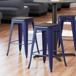 Best deal 🔔 LT&S Alloy Series Lancaster Table & Seating Alloy Series Navy Metal Indoor Industrial Cafe Counter Height Stool With Black Wood Seat 👍