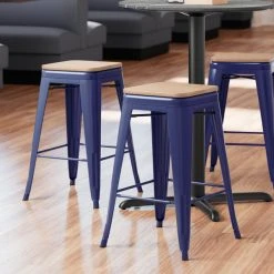 Cheapest 😍 LT&S Alloy Series Lancaster Table & Seating Alloy Series Navy Metal Indoor Industrial Cafe Counter Height Stool With Natural Wood Seat 😍