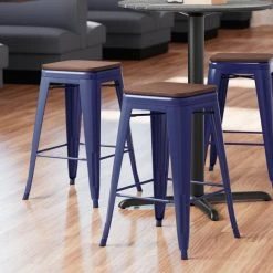 Best Sale 🔥 LT&S Alloy Series Lancaster Table & Seating Alloy Series Navy Metal Indoor Industrial Cafe Counter Height Stool With Walnut Wood Seat 💯