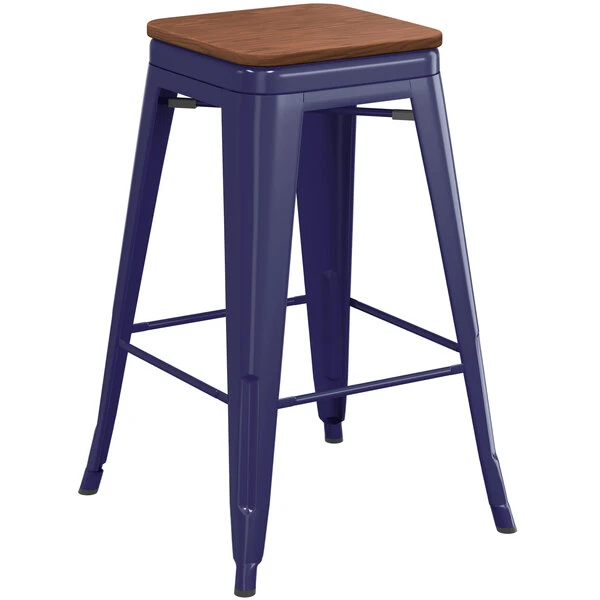 Best Sale 🔥 LT&S Alloy Series Lancaster Table & Seating Alloy Series Navy Metal Indoor Industrial Cafe Counter Height Stool With Walnut Wood Seat 💯 - Image 2