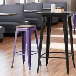 Cheapest 🛒 LT&S Alloy Series Lancaster Table & Seating Alloy Series Purple Metal Indoor Industrial Cafe Bar Height Stool With Walnut Wood Seat ⭐