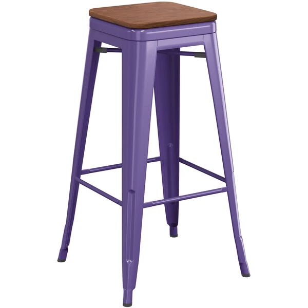 Cheapest 🛒 LT&S Alloy Series Lancaster Table & Seating Alloy Series Purple Metal Indoor Industrial Cafe Bar Height Stool With Walnut Wood Seat ⭐ - Image 2
