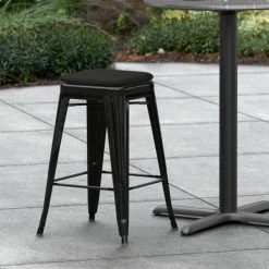 Discount 😉 LT&S Alloy Series Lancaster Table & Seating Alloy Series Black Stackable Metal Indoor / Outdoor Industrial Cafe Counter Height Stool With Black Fabric Magnetic Cushion 🤩