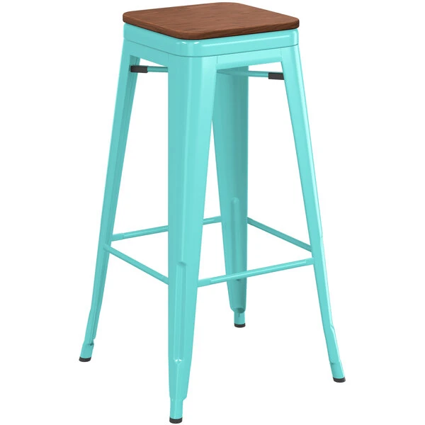 Buy 🎁 LT&S Alloy Series Lancaster Table & Seating Alloy Series Seafoam Metal Indoor Industrial Cafe Bar Height Stool With Walnut Wood Seat ✨ - Image 2