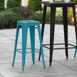 Cheapest 🎁 LT&S Alloy Series Lancaster Table & Seating Alloy Series Teal Stackable Metal Indoor / Outdoor Industrial Barstool With Drain Hole Seat ❤️