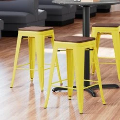 Cheap ๐ LT&S Alloy Series Lancaster Table & Seating Alloy Series Yellow Metal Indoor Industrial Cafe Counter Height Stool With Walnut Wood Seat ๐