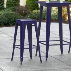 Best Sale 🎉 LT&S Alloy Series Lancaster Table & Seating Alloy Series Navy Stackable Metal Indoor / Outdoor Industrial Barstool With Drain Hole Seat 👍