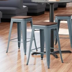 Brand new 👍 LT&S Alloy Series Lancaster Table & Seating Alloy Series Charcoal Metal Indoor Industrial Cafe Counter Height Stool With Walnut Wood Seat ✨