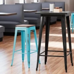 Buy 🔔 LT&S Alloy Series Lancaster Table & Seating Alloy Series Distressed Arctic Blue Stackable Metal Indoor Industrial Barstool With Walnut Wood Seat 🛒
