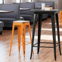 Best Pirce ❤️ LT&S Alloy Series Lancaster Table & Seating Alloy Series Distressed Orange Stackable Metal Indoor Industrial Barstool With Gray Wood Seat 🤩