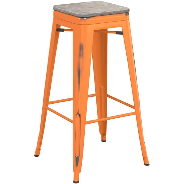 Best Pirce ❤️ LT&S Alloy Series Lancaster Table & Seating Alloy Series Distressed Orange Stackable Metal Indoor Industrial Barstool With Gray Wood Seat 🤩 - Image 2