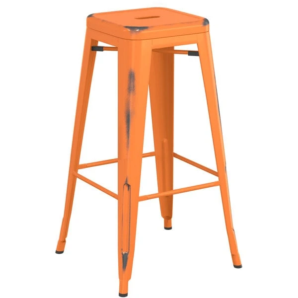 Best Pirce ❤️ LT&S Alloy Series Lancaster Table & Seating Alloy Series Distressed Orange Stackable Metal Indoor Industrial Barstool With Gray Wood Seat 🤩 - Image 3