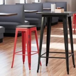 New 🤩 LT&S Alloy Series Lancaster Table & Seating Alloy Series Distressed Red Metal Indoor Industrial Cafe Bar Height Stool With Black Wood Seat 🧨