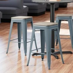 Hot Sale 🎁 LT&S Alloy Series Lancaster Table & Seating Alloy Series Charcoal Metal Indoor Industrial Cafe Counter Height Stool With Gray Wood Seat 🌟