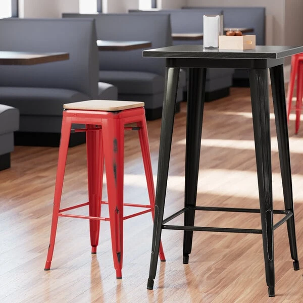 Wholesale ๐ LT&S Alloy Series Lancaster Table & Seating Alloy Series Distressed Red Metal Indoor Industrial Cafe Bar Height Stool With Natural Wood Seat ๐งจ