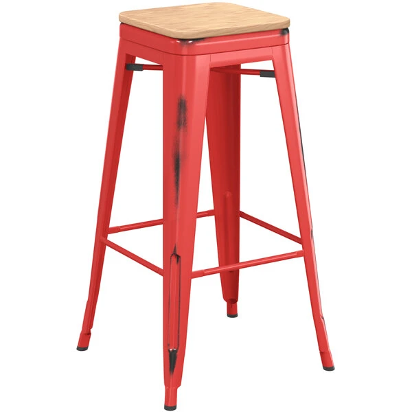 Wholesale ๐ LT&S Alloy Series Lancaster Table & Seating Alloy Series Distressed Red Metal Indoor Industrial Cafe Bar Height Stool With Natural Wood Seat ๐งจ - Image 2