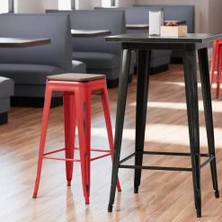 Brand new 🌟 LT&S Alloy Series Lancaster Table & Seating Alloy Series Distressed Red Metal Indoor Industrial Cafe Bar Height Stool With Walnut Wood Seat 🎁